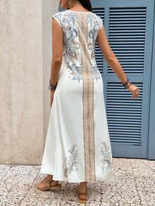 SHEIN 孕妇度假波西米亚风腰果印花侧开衩休闲连衣裙 - 白色 - 查看 6