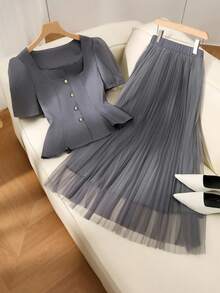 SHEIN Clasi Plus Size Elegant Gray Square Collar Puff Sleeve Dress With Tulle Overlay, Work/Formal Midi Dress Set - Grey - View 8