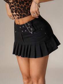 SHEIN PETITE Women's Solid Color Fashionable Summer Pleated Denim Mini Skirt ,Petite Women - Black - View 7