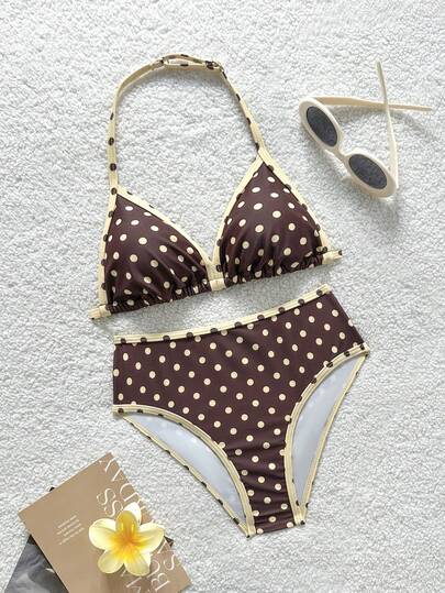 SHEIN Tween Girl Summer Beach Polka Dot Halter Tie Bikini And Triangle Panty Swimsuit Set
