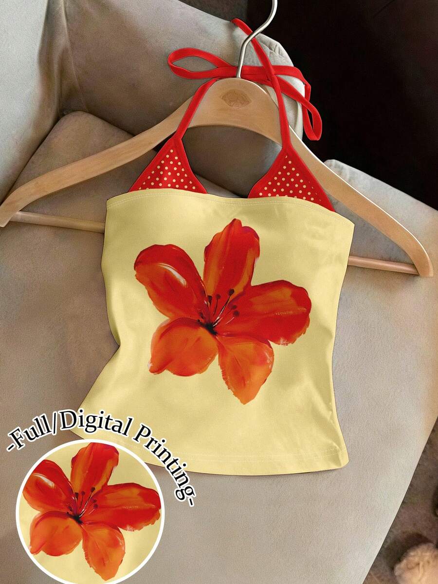 Resyla Y2K Hibiscus Flower Polka Dot Print Casual Halter Neck Camisole Top Tees - Multicolor - View 1