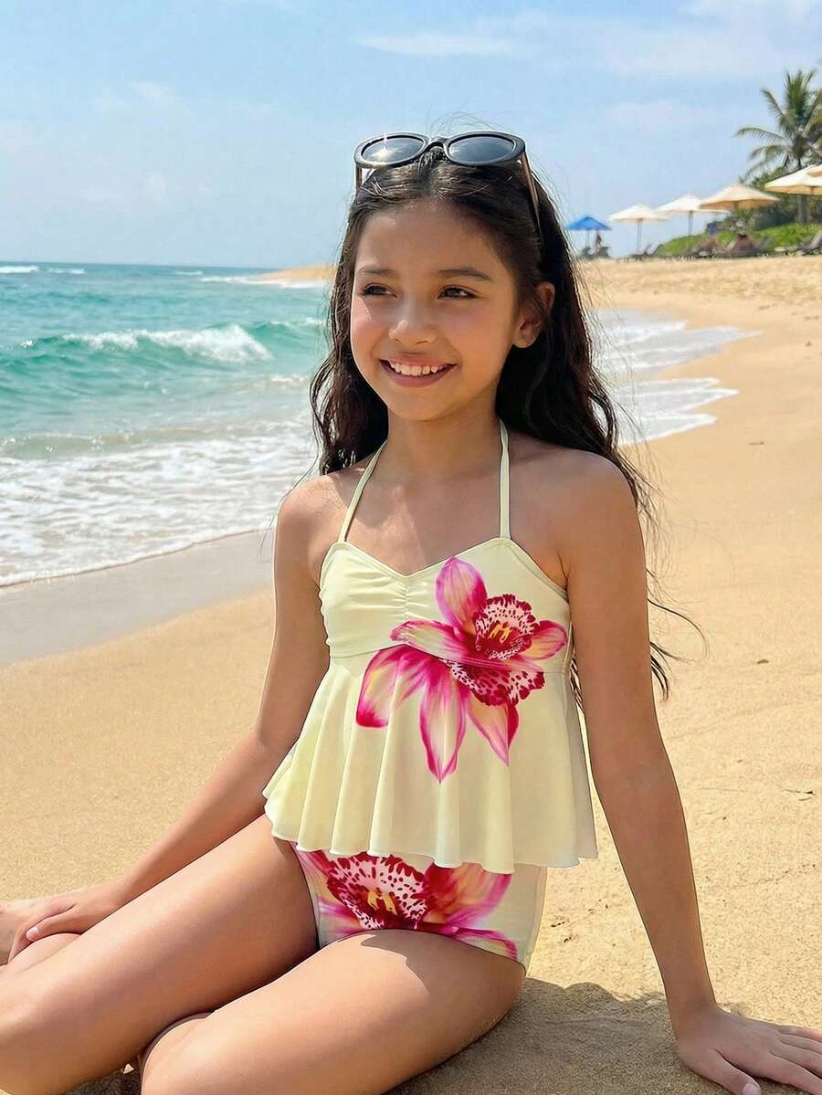 SHEIN 少女针织碎花杏色吊带比基尼套装 - 彩色 - 查看 1