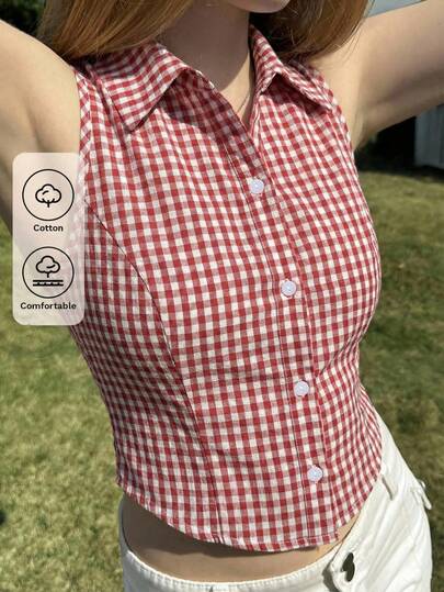 CovetEZ Women's Summer Casual Sweet Home Wear Y2K Vacation Red And White Check Sleeveless Vest Fitted Short Shirt,Red Top
