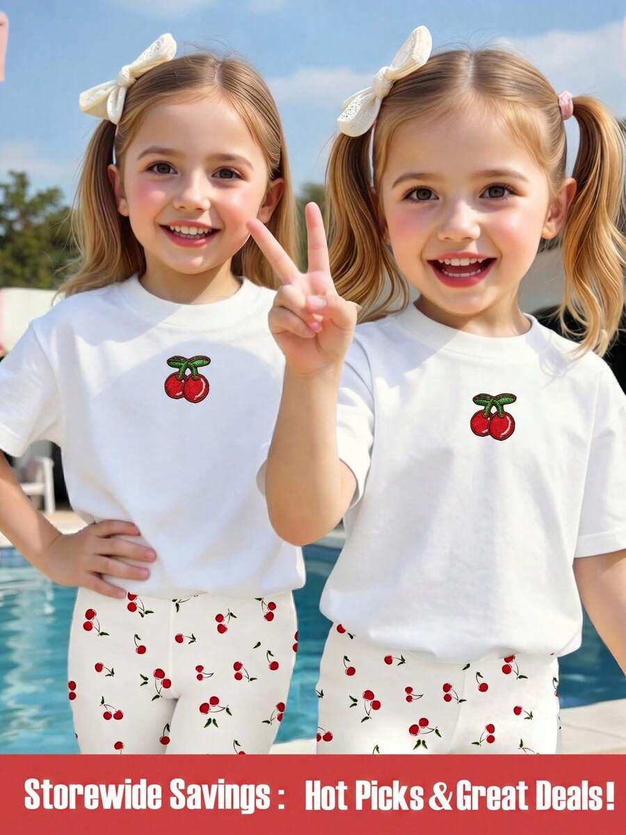 SHEIN Conjunto de camiseta casual y pantalones cortos de ciclista con estampado de hojas y cerezas en base blanca, de estilo minimalista y fresco, para niñas bebés en primavera y verano, un atuendo cómodo - Multicolor - Ver 1