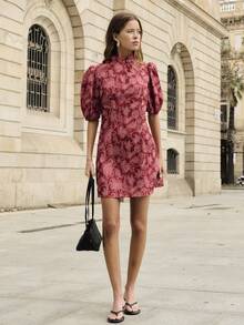 Nöista Floral Print Mini Dress With Puffed Sleeves And A Mandarin Collar., With Keyhole Neckline. Spring Summer, . - Red - View 1