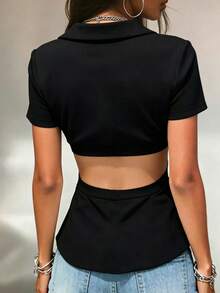 INAWLY Women's Fashionable Solid Color Cropped Top For Summer Night Going Out Black Casual Streetwear - Black - View 2
