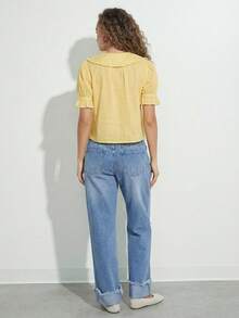 WESTFADE 100% Cotton Ruffle Collar Short Puff Sleeve Button Up Shirt Casual Cute Top, Spring, Summer, Casual, Cute, Boho, Nashville, Vacation, Beach, Rodeo, Country Concert Outfit, Nashville - Light Yellow - View 2