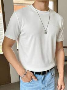 SWAVVY Men's Casual Versatile Letter Embroidery Round Neck Short Sleeve T-Shirt, Summer - White - View 1