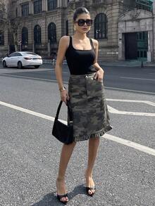 DAZY 迷彩美人鱼荷叶边下摆休闲街头风女式夏季半身裙 - 軍綠色 - 查看 3