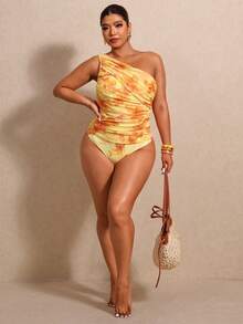 Elaquor Plus Size Floral Print One-Piece Swimsuit With Off-Shoulder Design Summer Beach Vacation Bathing Suits For Women One Piece Swimsuit Women - Multicolor - View 5