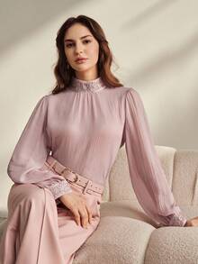 Anewsta Elegant & Charming Spring/Summer New Arrival Pink Fashion Stand Collar Loose Versatile Embroidered Ruffle Trim Long Sleeve Blouse For Women - Pink - View 2