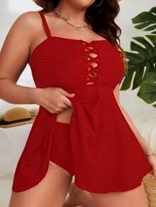 Swim Lushoire Plus Size Solid Color Camisole Bikini Top - Red - View 4