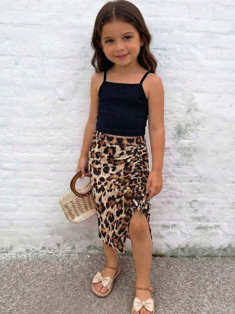 Emery Rose Kids Emery Rose Kids 两件套女童波西米亚风针织纯色吊带背心和碎花豹纹休闲裙套装,适合幼儿女孩,动物纹印花女童豹纹套装,猎豹纹半身裙,少女猎豹纹套装,年轻女孩时尚豹纹半身裙,侧边褶皱设计,时尚中长款柔软猎豹纹套装,女童豹纹半身裙,女童两件套半身裙套装,儿童 - 黑與白 - 查看 1
