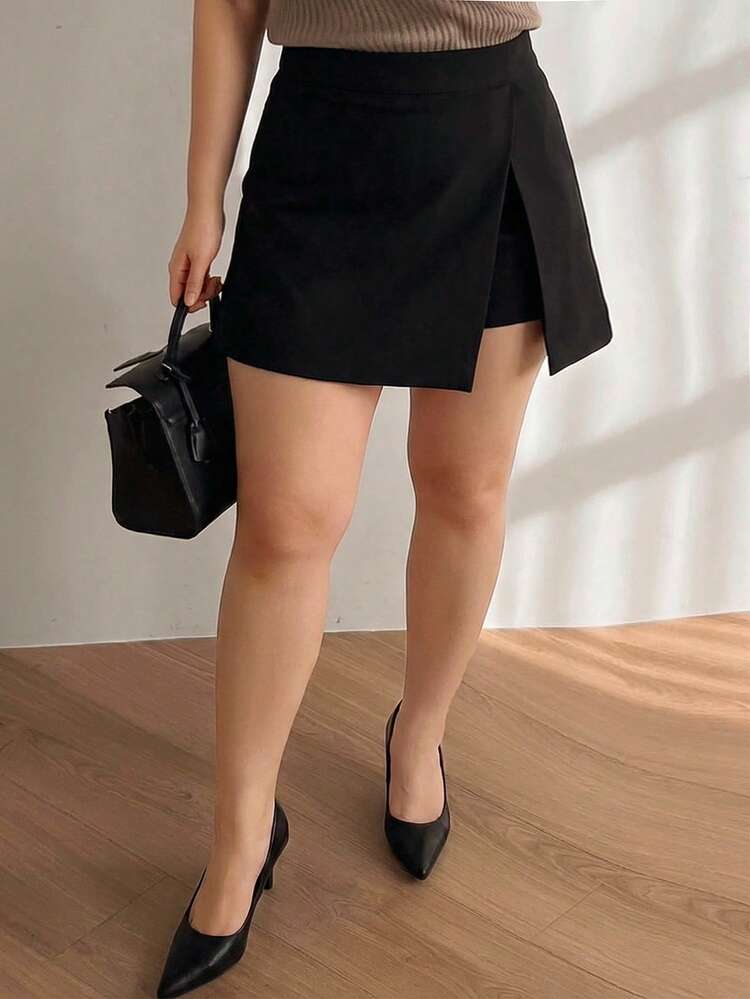 Dazy Plus Solid Color Faux Two Pieces A-Line Mini Skirt, Versatile Commuter Plus Size Women Skort, Black Versatile Skirt
