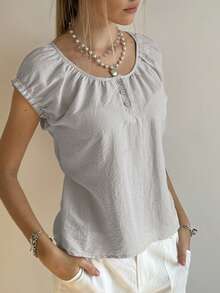SHEIN Bubbli Camiseta de mujer de unicolor con cuello de volantes, uso diario minimalista - Gris - Ver 3