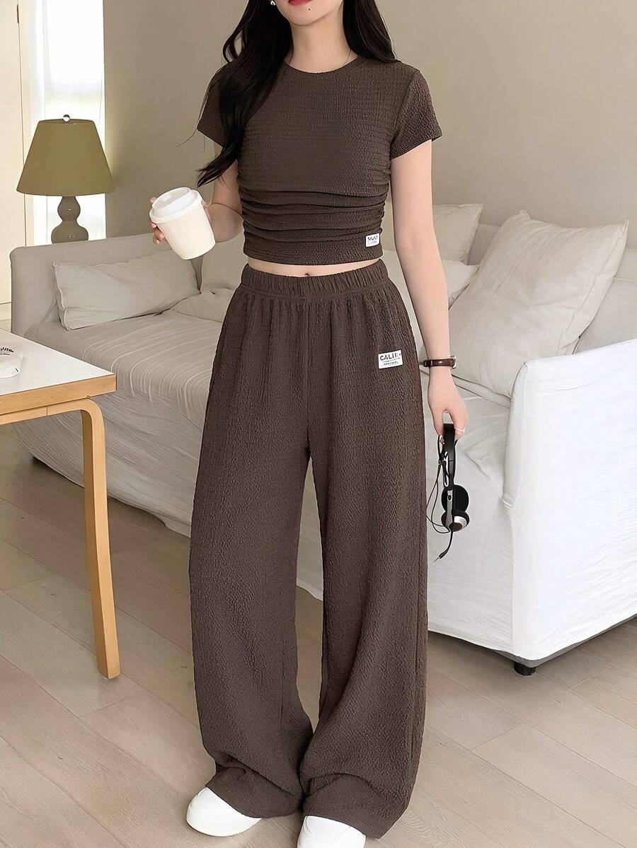 SHEIN Teen Girl Brown Knit Textured Short Sleeve T-Shirt And Leggings 2 Pieces Set, Casual Daily Fashionable Versatile - Brown - View 1