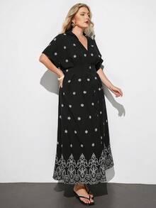 Maija Plus Size V-Neck Short Sleeve Ruffle Hem Pleated Black Summer Elegant Cute Tea Party Vacation Allover Print Dress For Women Boho Vacation Floral - Black - View 4