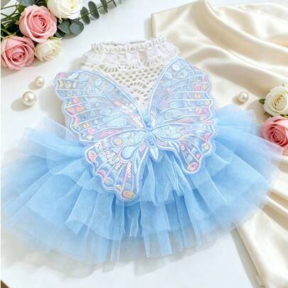 PETSIN 1pc Cat And Dog Dress, Butterfly Embroidery Blue Mesh Pet Fluffy Skirt Fairy Style Lace Collar Small Dog Dress