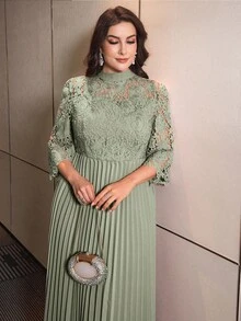 Modelyn Plus Size Solid Color Embroidered Pleated A-Line Casual Dress For Women Fall - Green - View 6
