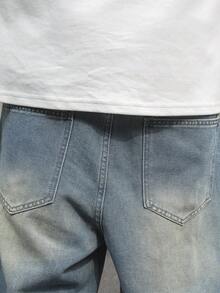 Manfinity EMRG Men's Vintage Washed Blue Wide Leg Denim Shorts, Fashionable Distressed Slim Fit Shorts For Summer - Medium Wash - View 8