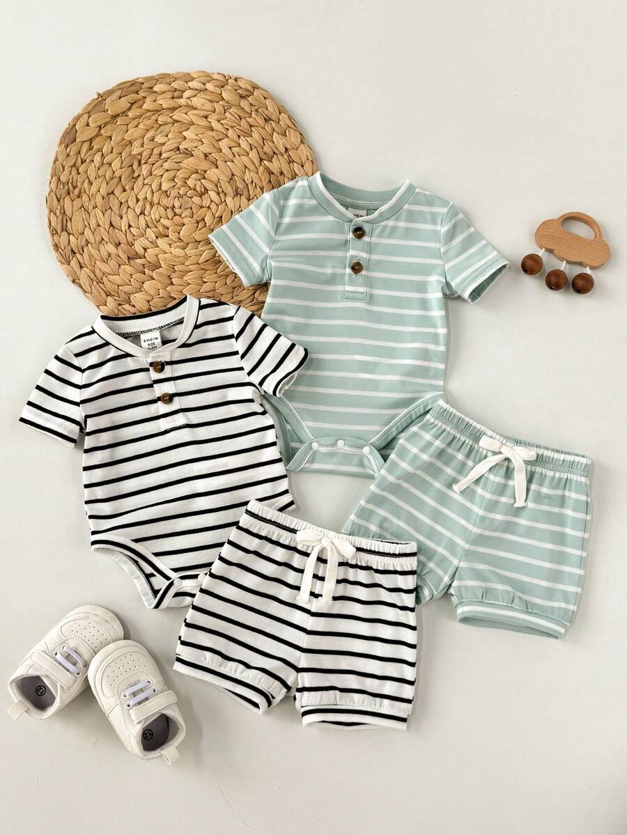 4pcs/Set Newborn Baby Boy/Girl Cute Striped Blue Short Sleeve Bodysuit & Shorts 4-Piece Outfit, Suitable For Home & Outdoor, Summer - Multicolor - View 1