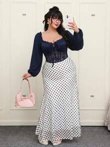 Comfortcana Plus Size Women's Lantern Sleeve Lace Patchwork Square Collar Padded Shoulder Blouse, Romantic Date Party Essential, Navy Blue - Navy Blue - View 8