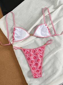 Swim Vcay Conjunto de bikini de verano para mujer con parte superior de atar al cuello con estampado total y Bottom triangular - Rosa - Ver 5