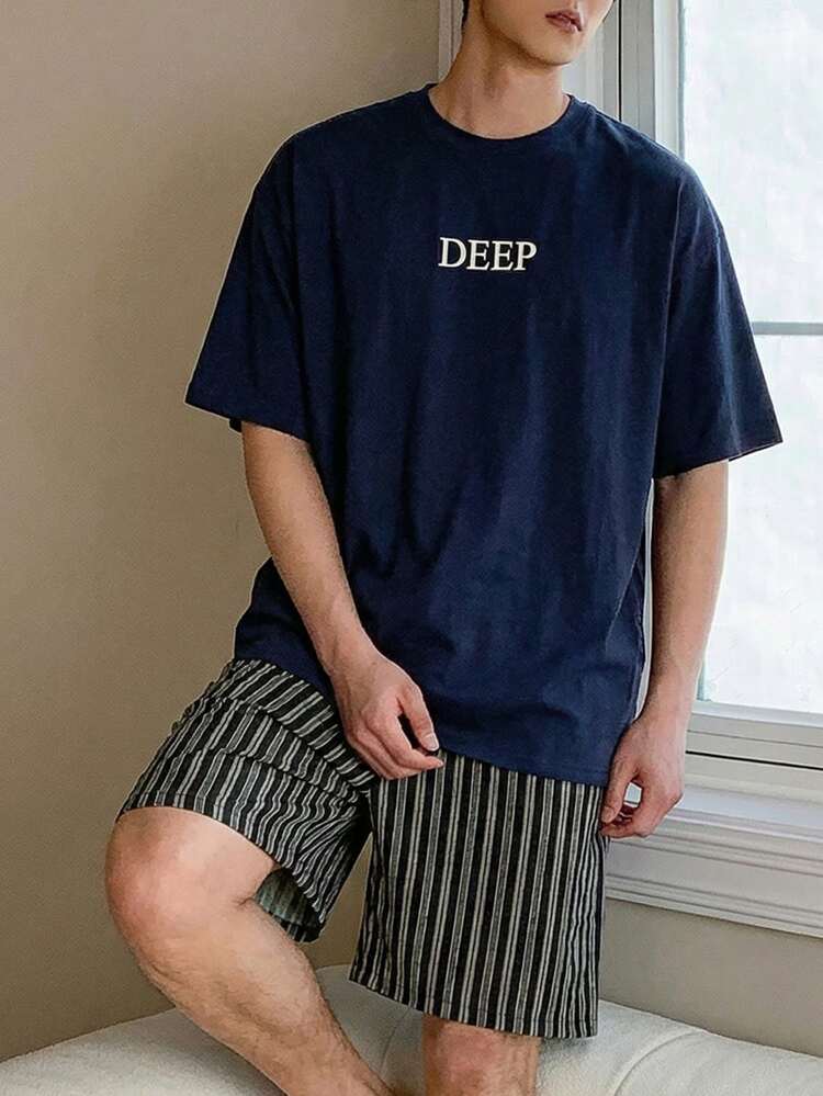 Men's Summer Letter Print Short Sleeve T-Shirt And Shorts Pajama Set