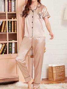 Heart Embroidery Piping Trim Satin PJ Set / Pajama Set - Champagne - View 4