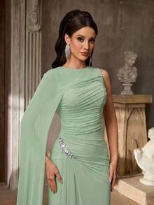 Aureia Sage Green,Summer,Elegant,Formal,Formal,Wedding Mesh Round Neck One Shoulder Cape Sleeve Rhinestone Decor Side Drape Fishtail Bridesmaid Evening Gowns - Mint Green - View 6