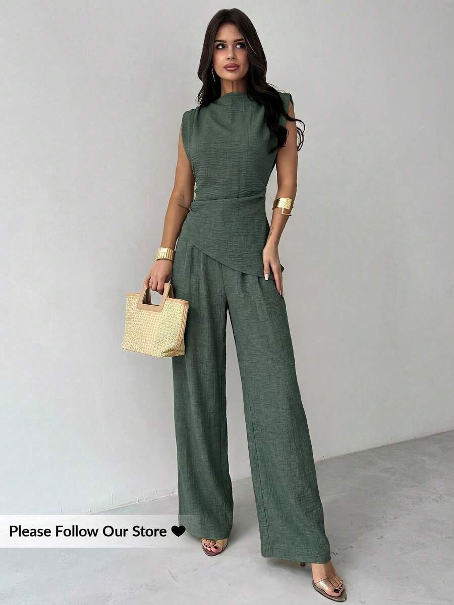 Firerie Sage Green Summer Casual Elegant Brunch Women's Linen Commute Suit,Sleeveless Asymmetric Ruched Blouse&Wide Leg Pants Set,Office Vacation Outfit - Green - View 1