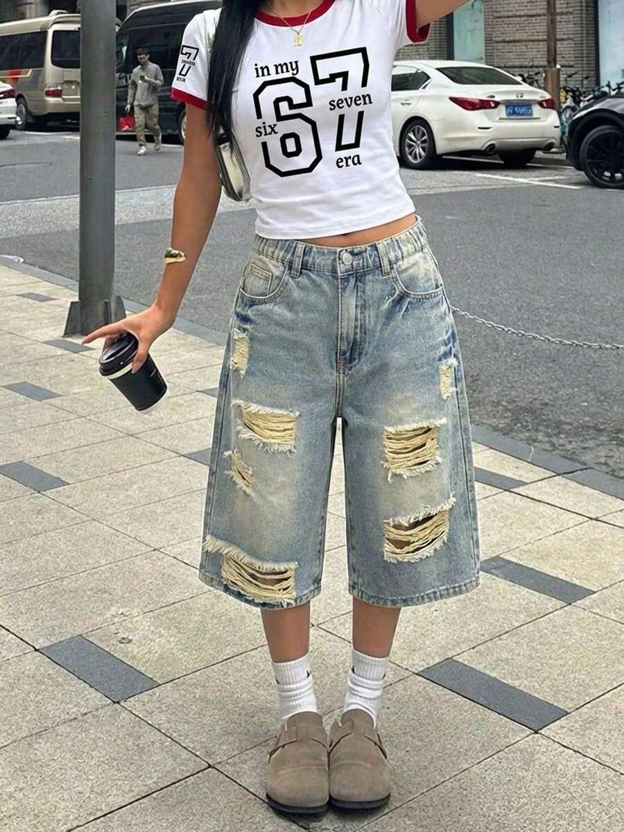 SHEIN 青少年女孩破洞牛仔短褲,柔軟棉質,寬鬆復古鬆緊腰藍色夏季街頭風度假款,大面積撕裂寬腿牛仔短褲 - 藍色 - 查看 1