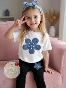 2pcs/Set Girls' Casual Fashionable Creative Personality Fresh Cute Minimalist Blue Denim Floral Pattern Print Short T-Shirt And Leggings Outfit, Comfortable Daily Wear, Suitable For Spring, Summer And Autumn - Multicolor - View 6
