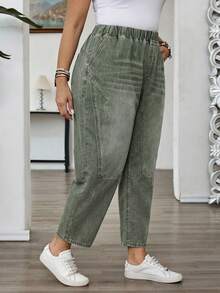 Mature Denim Quần jeans ống côn cạp chun, dáng suông, cỡ lớn, phong cách thường ngày, đã giặt, kiểu dáng thường ngày. - màu xanh lá - Xem 3