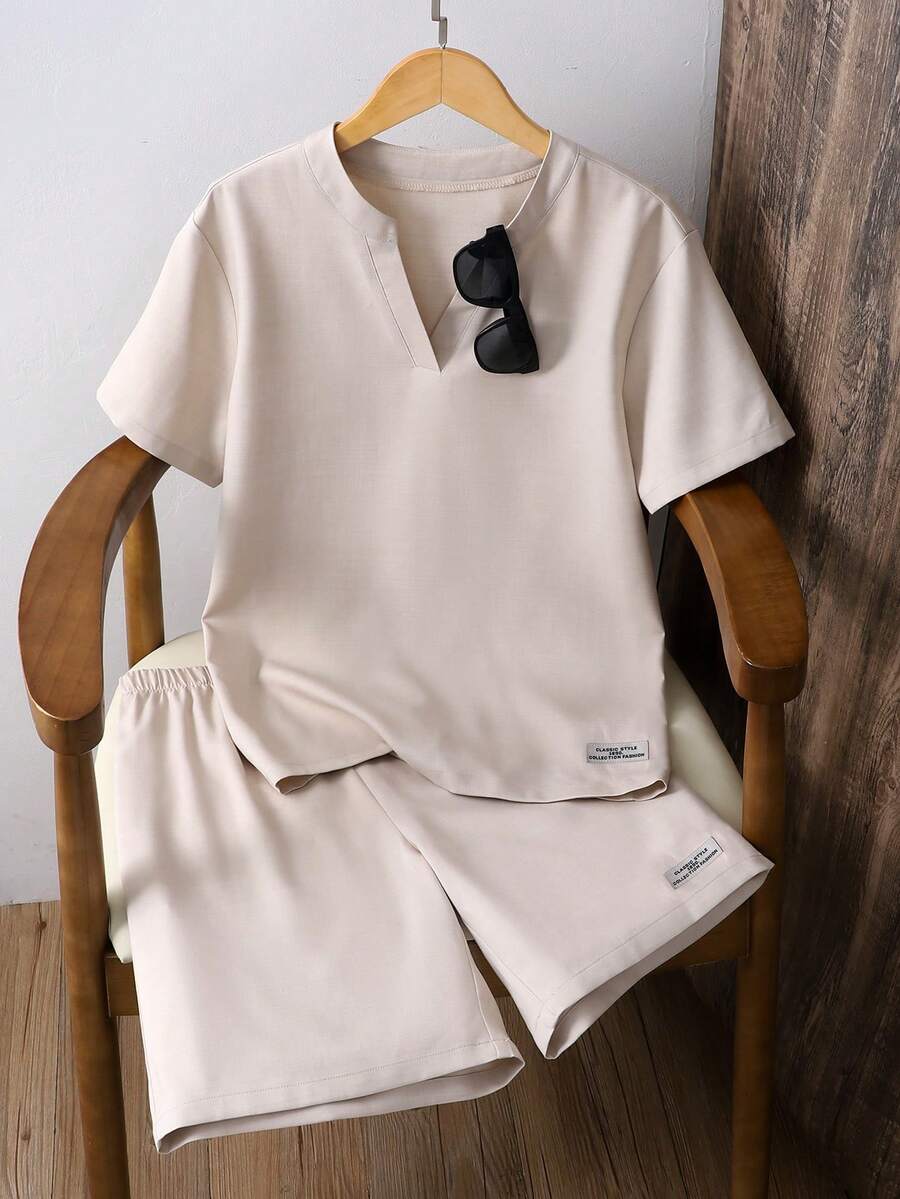 2pcs/Set Teenage Boys' Casual Textured Fabric Half-Placket Shirt And Striped Shorts Set, Minimalist And Comfortable For Daily, Commute, Vacation - Khaki - View 1