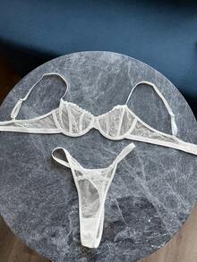 DAZY Bộ 2 món đồ lót nữ xuyên thấu gợi cảm màu trắng phối ren, dây đeo điều chỉnh được, thích hợp cho mùa xuân/hè. - trắng - Xem 7