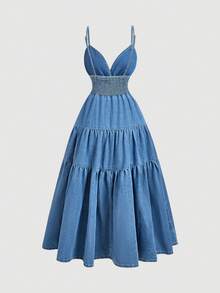 Sweetra Đầm denim mùa hè màu trơn dành cho nữ, dây mảnh, viền bèo nhún, thắt eo. - Màu xanh lam - Xem 2