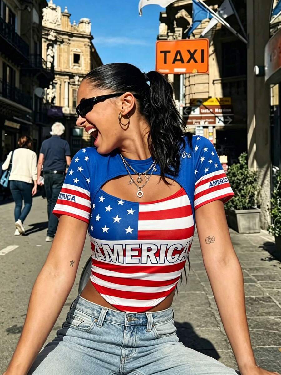 Gowayae American Flag Print 2 In 1 Top, Sexy Hollow Asymmetrical Hem Short Sleeve T-Shirt - Multicolor - View 1