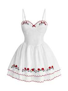 Sweetness French Vacation Rose Embroidery Sweet Mini Dress For Women - White - View 7