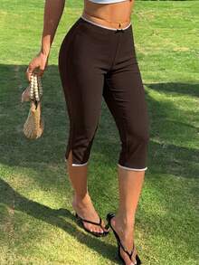 CovetEZ 91% Cotton Brown Knit Elastic Leggings For Women With Bow Design - Brown - View 3