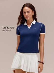 GLOWMODE 棉质珠地格纹亮面修身及臀针织平领 Polo 衫，正面饰有撞色 Logo 滚边，适合网球、高尔夫、匹克球等运动，日常休闲穿着。 - Dark Blue - 查看 1