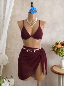Swim Vcay Bộ đồ bơi 3 mảnh cỡ lớn dành cho nữ, màu trơn, dây mảnh, kiểu dáng bikini mùa hè đi biển, kèm váy buộc dây, thích hợp cho kỳ nghỉ biển. - Màu Đỏ Sâu - Xem 8