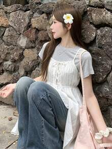 FRIFUL Women's Asymmetric Hem Spaghetti Strap Camisole With Chicken Eye Lace-Up Design Summer - Beige - View 2
