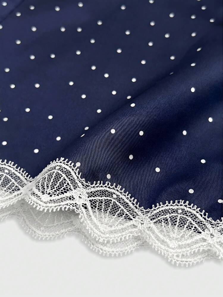 Navy Polka Dot A-Line Halter Neck Mini Dress With Lace Trim Neckline And Hem Spring Summer Going Out Vacation Dress Holiday Dress French Style Dress Party Dress Polka Dot Dress Women Halter Neck Dress Lace Trim Dress