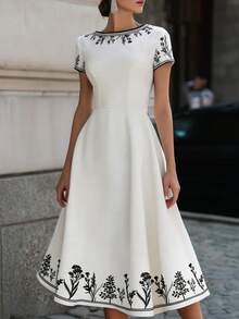 Balvessa Spring & Summer Casual Waist Cinched A-Line White Printed Dress For Women - White - View 1