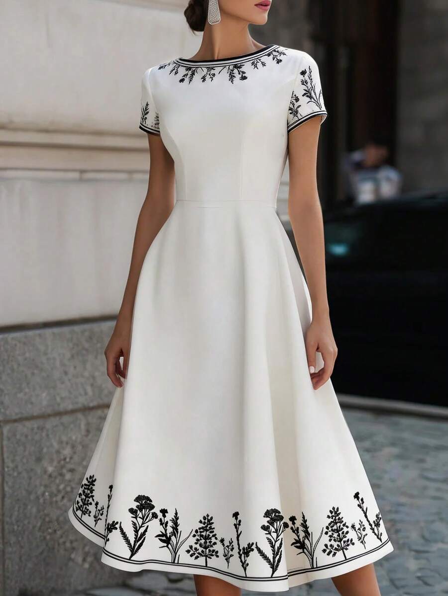 Balvessa Spring & Summer Casual Waist Cinched A-Line White Printed Dress For Women - White - View 1