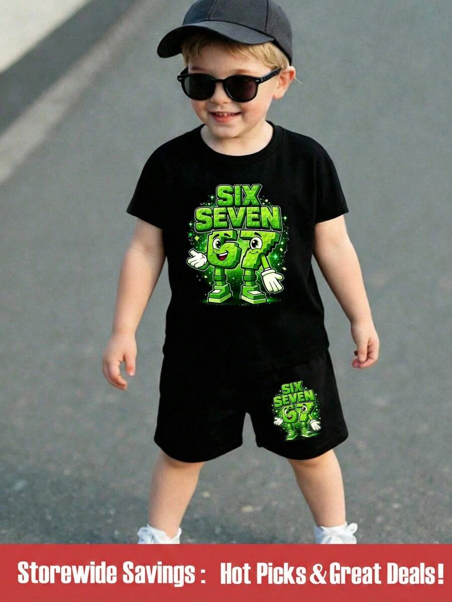 SHEIN 2pcs/Set Toddler Boys' Casual Creative Graphic 67 Numeric, Star, Letter Print Short Sleeve T-Shirt And Shorts, Comfortable Daily Wear Outfit For Spring, Summer - Black - View 1