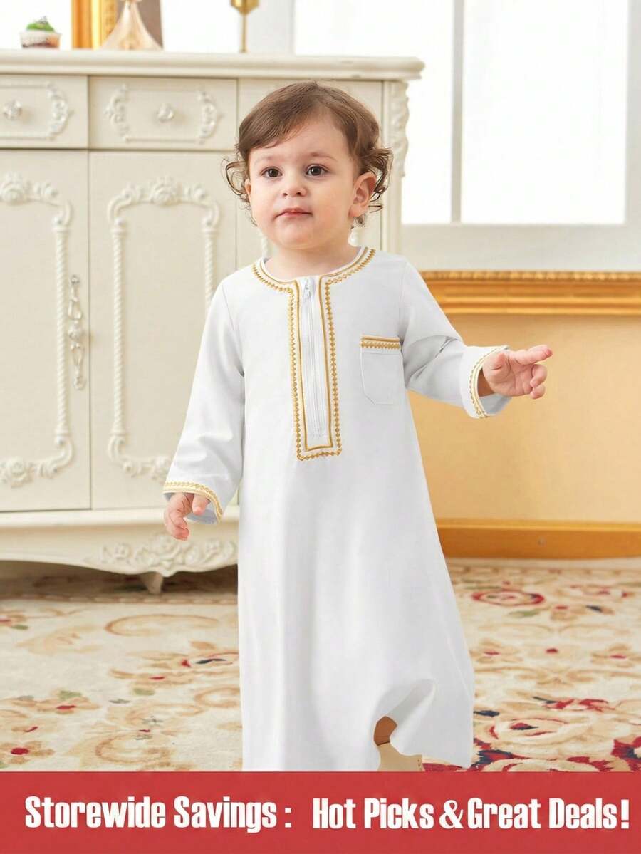 SHEIN Explorewe Baby Boy Traditional Long Robe With Embroidered Gold Trim And Zipper - White - View 1