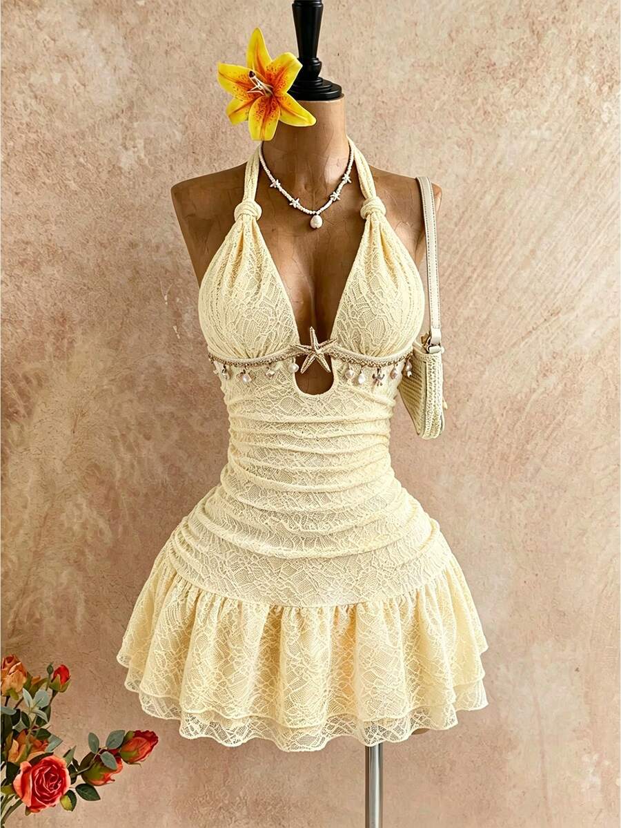 Sweetra Đầm mùa hè dáng ôm, thiết kế ren cổ yếm, hở lưng, xếp tầng, eo thon, thời trang mới cho kỳ nghỉ hè, đi biển, quyến rũ dành cho phụ nữ. - Màu vàng - Xem 1