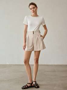 MOTF PREMIUM WOMEN'S SUMMER SOLID COLOR HIGH WAIST PLEATED LOOSE SHORTS - Khaki - View 6